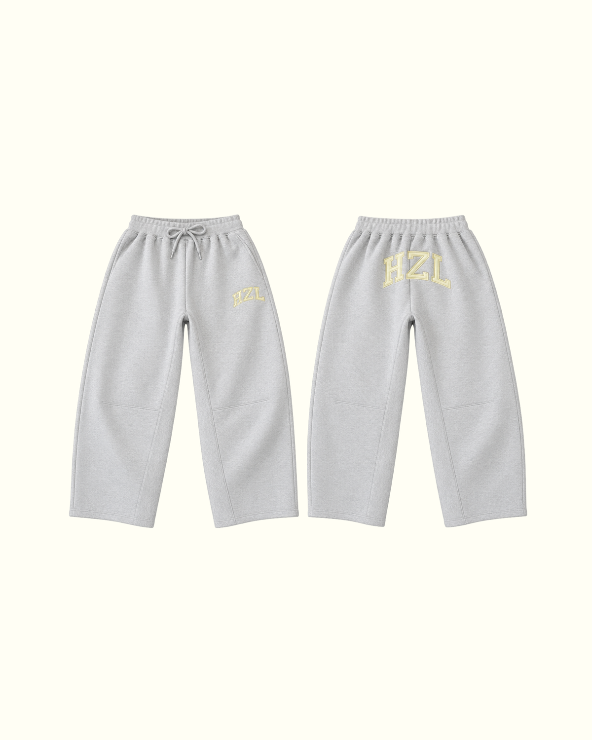Gray HZL barrel leg sweatpants shown from front and back with yellow logo details