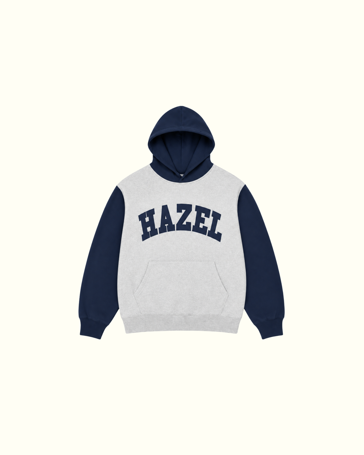 Gray and navy HAZEL pullover hoodie with kangaroo pocket and bold collegiate lettering