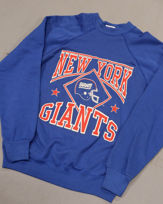 Blue New York Giants crewneck sweatshirt with vintage football helmet graphic