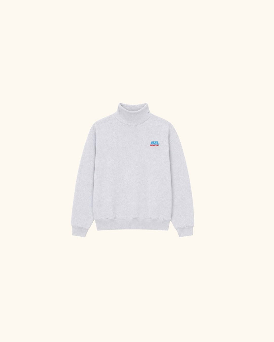 light grey sporty mockneck sweater with small colorful logo on chest and ribbed cuffs and hem