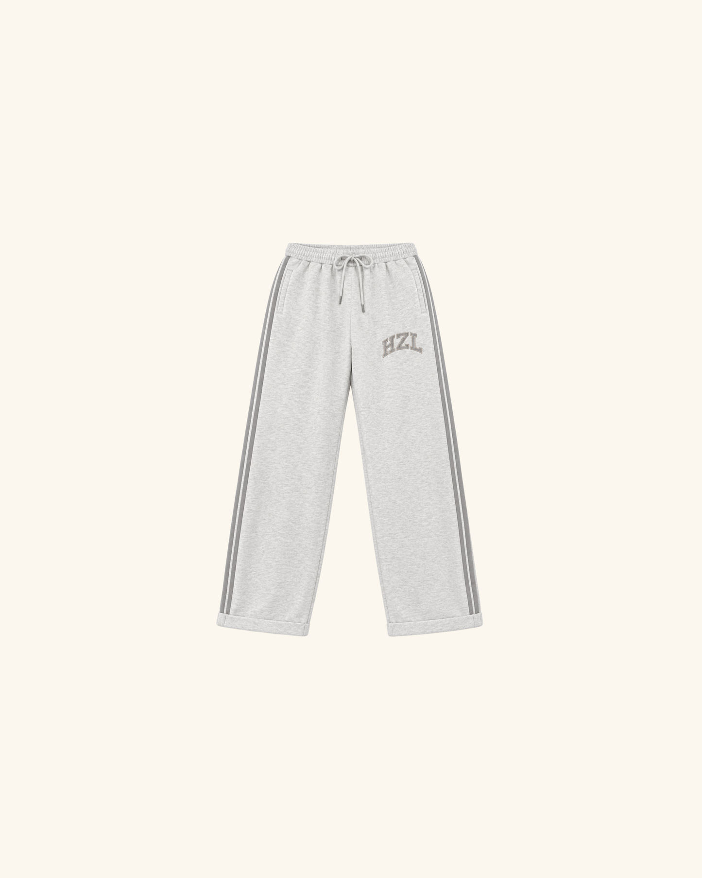 Light gray HZL sweatpants with a drawstring waist and contrast side stripes