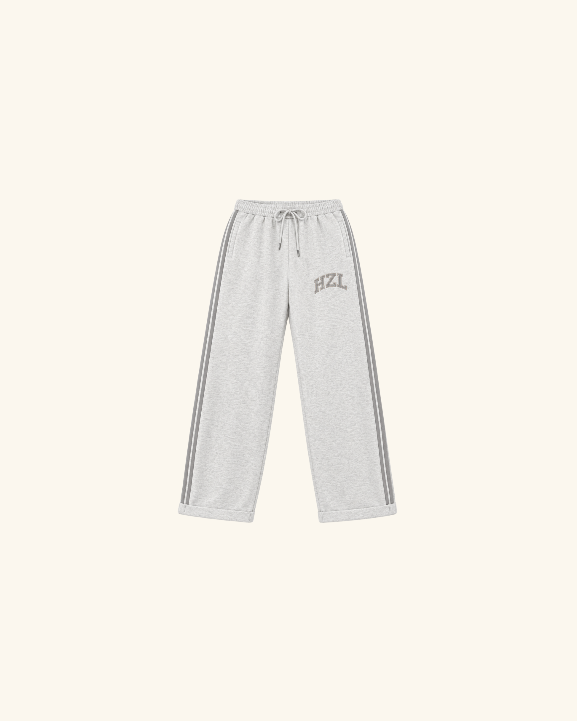 Light gray HZL sweatpants with a drawstring waist and contrast side stripes