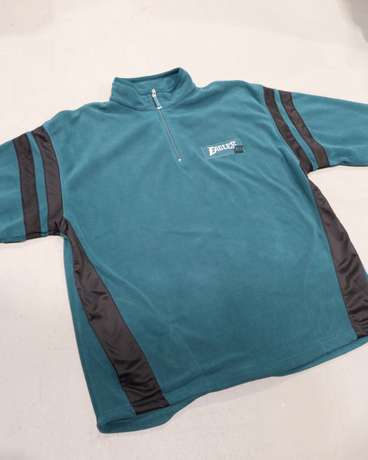 Teal quarter zip fleece pullover with dark side panels striped sleeves and small chest logo