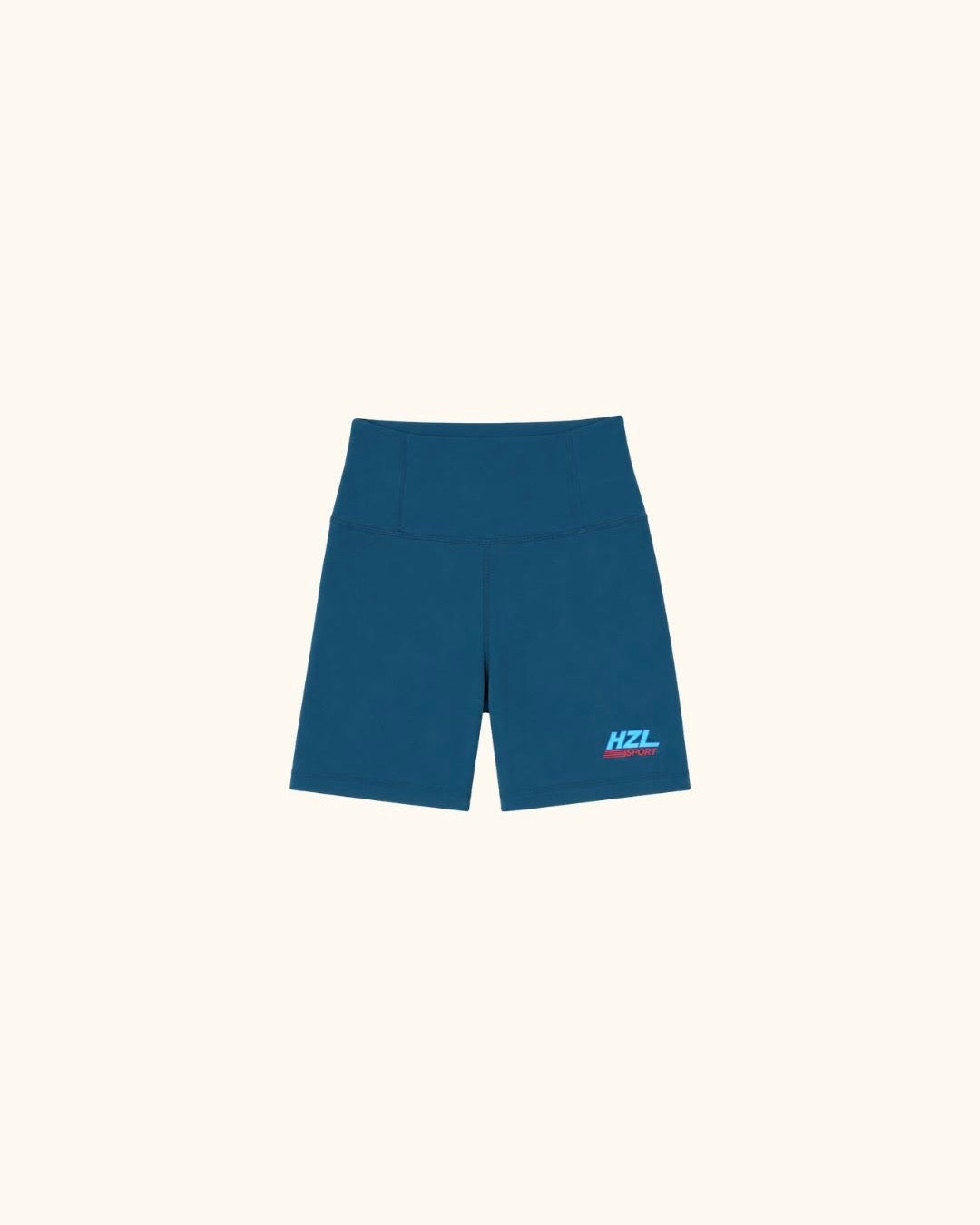 Blue high-waisted sporty shorts with a small HZL logo on the leg, designed for activewear comfort.