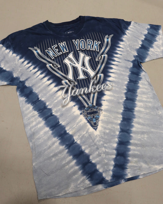 Blue and white tie dye New York Yankees graphic tee laid flat