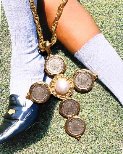 Mixed Metal Coin Cross Necklace