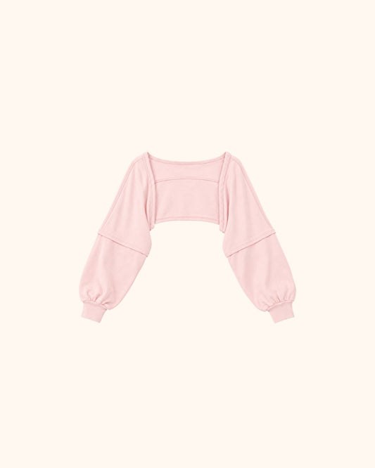 Pink cropped warm up shrug with long gathered sleeves