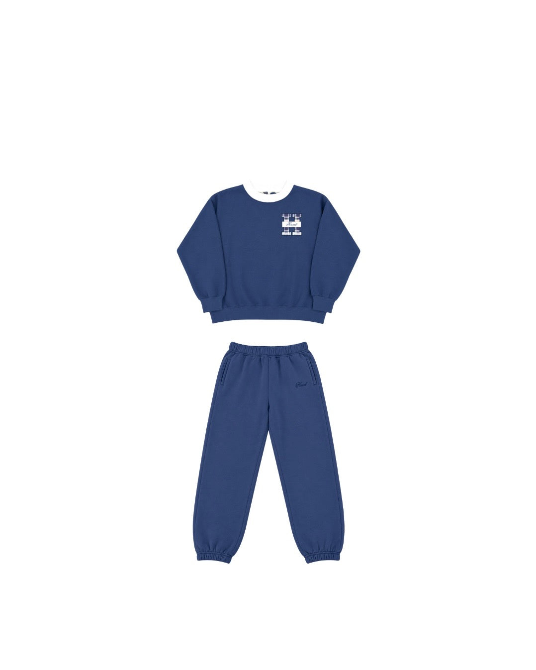 Navy joggers paired with a matching crewneck sweatshirt on a white background