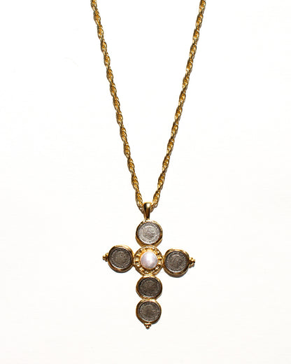 Mixed Metal Coin Cross Necklace