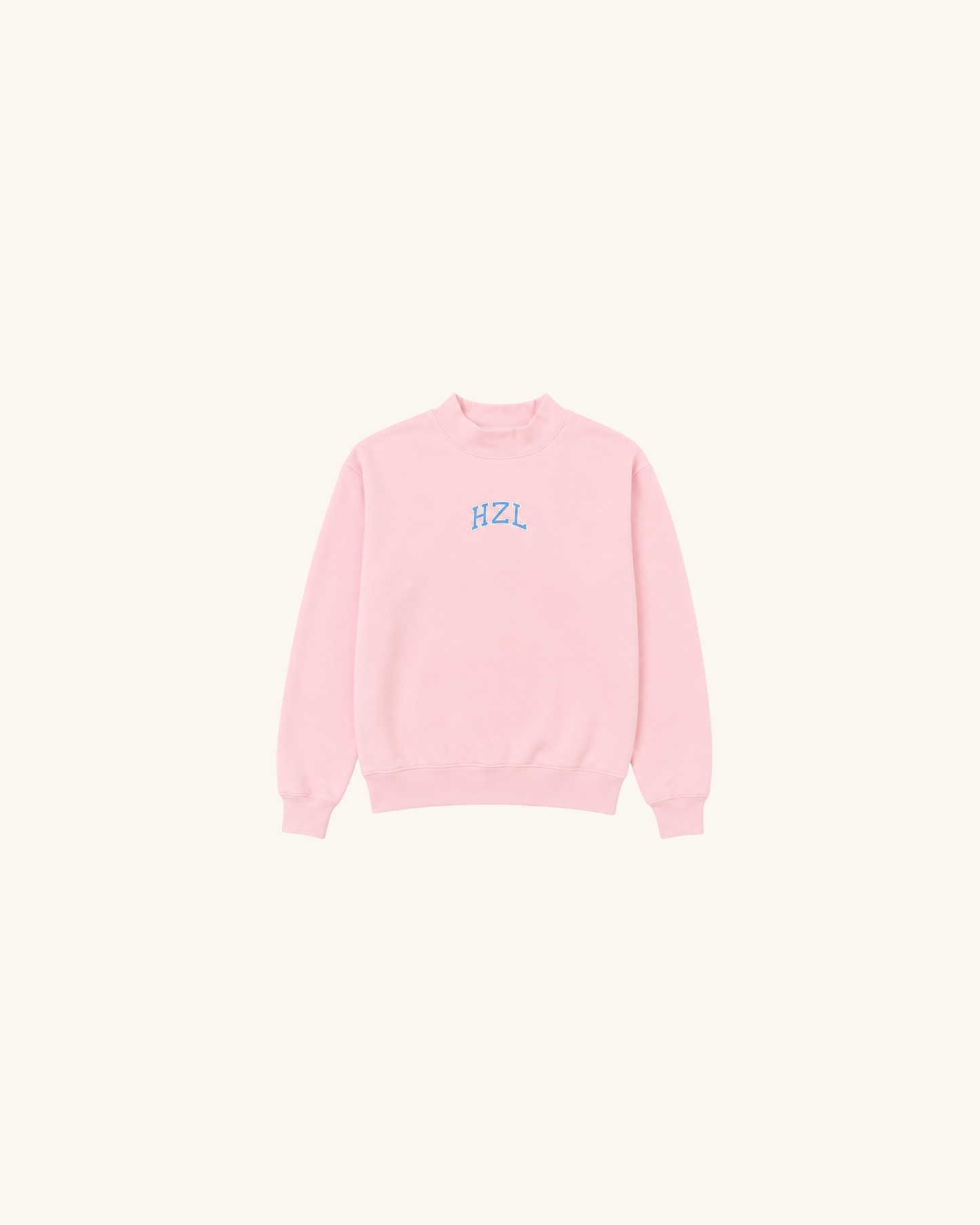 Pink HZL mockneck sweatshirt with long sleeves and ribbed cuffs on a neutral background