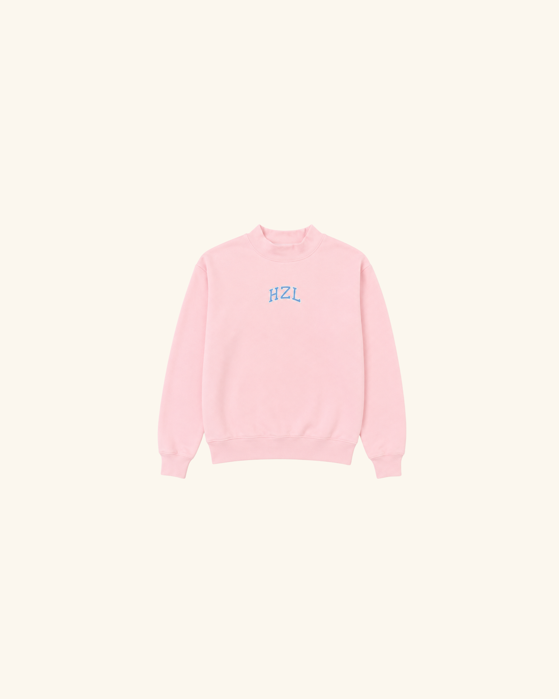 Pink HZL mockneck sweatshirt with long sleeves and ribbed cuffs on a neutral background