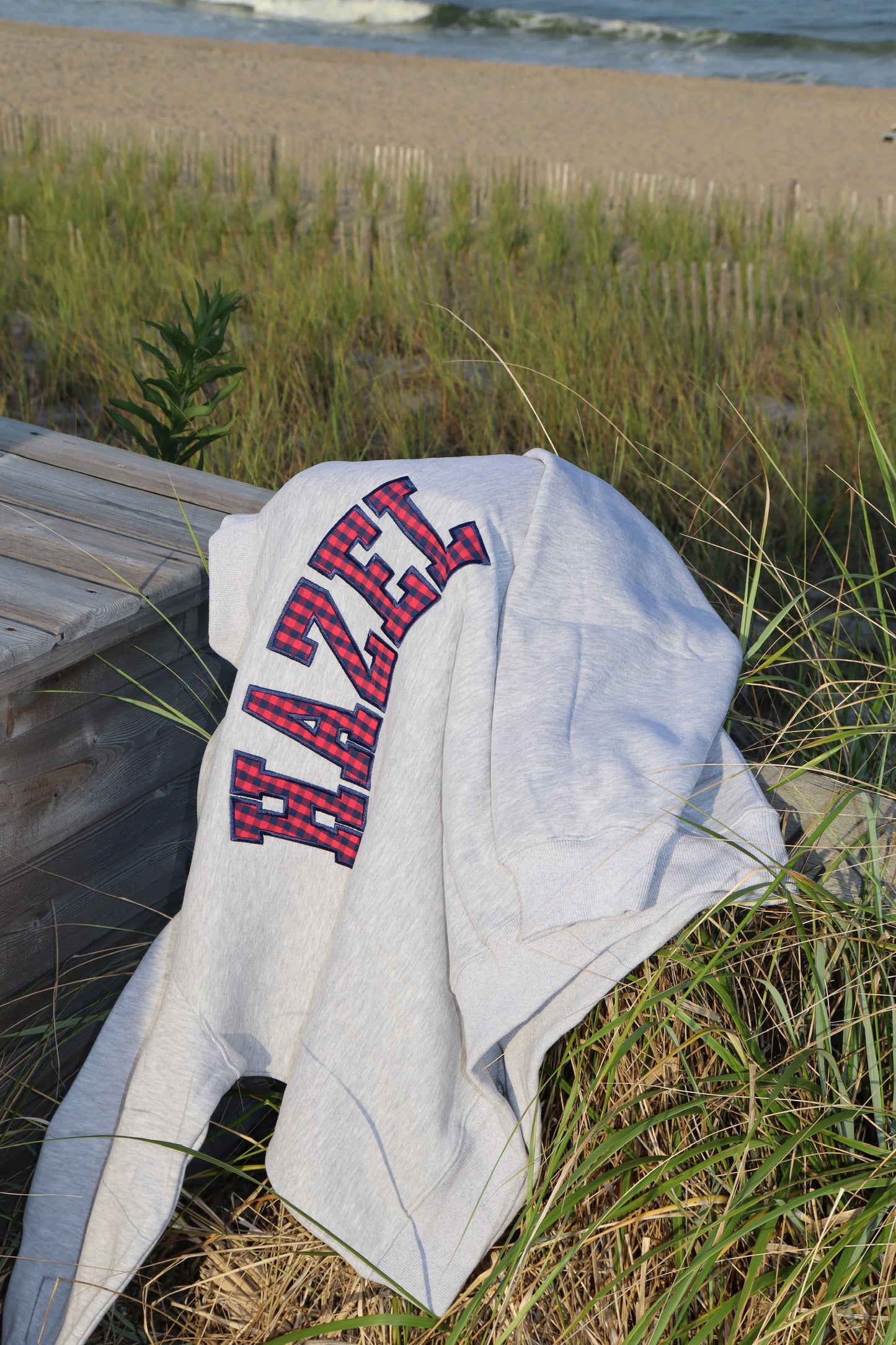 Light gray mockneck sweatshirt with bold red and blue HZL lettering resting on beach grass beside the shore