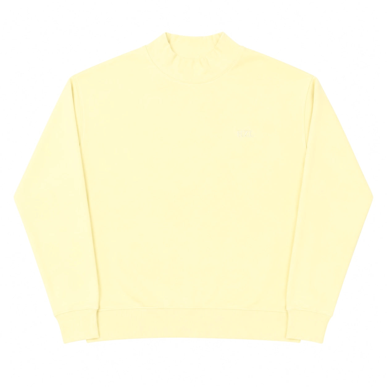 Light yellow mockneck sweatshirt with long sleeves and ribbed cuffs, minimal casual style
