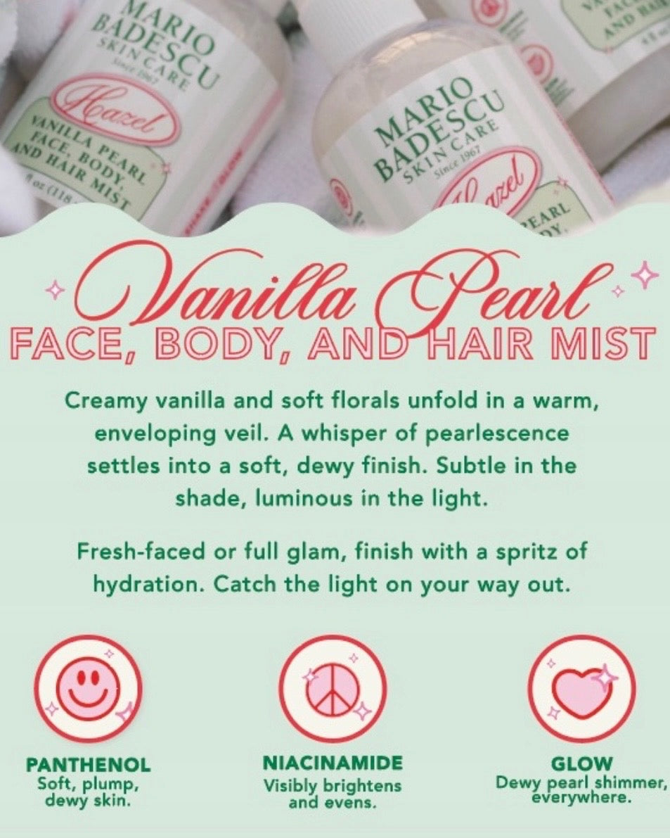 Close-up of Vanilla Pearl face, body, and hair mist bottles with a description highlighting creamy vanilla, floral scent, hydration, and dewy glow benefits.