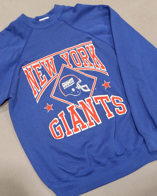 Blue crewneck sweatshirt with New York Giants graphic and varsity lettering