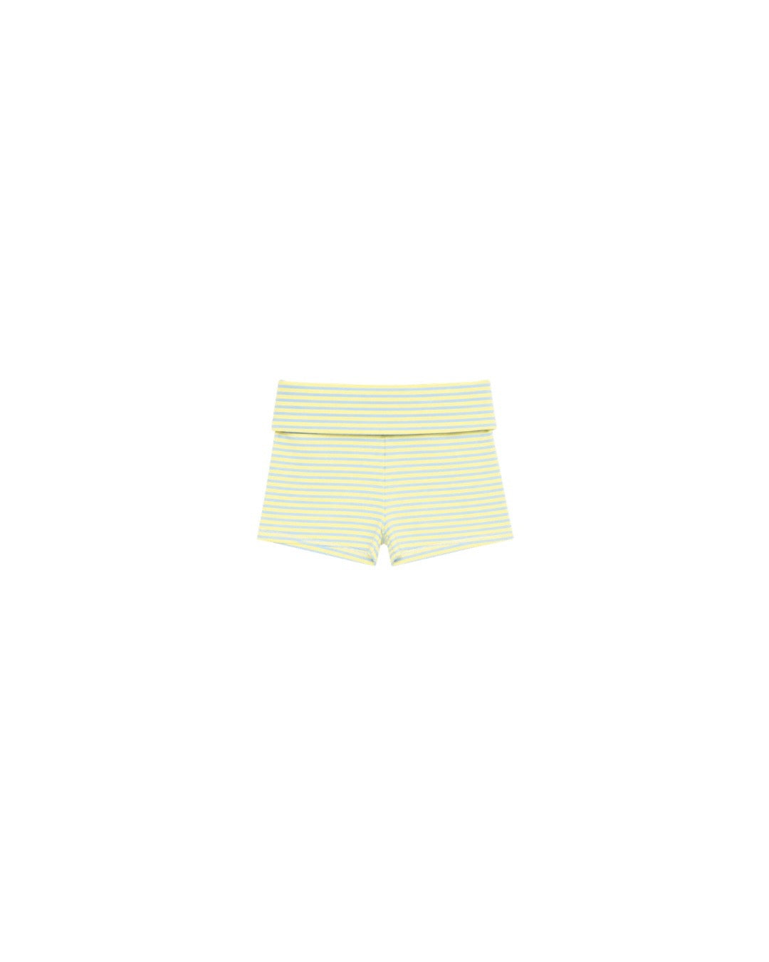 Kids' lightweight foldover shorts with pastel yellow and white stripes, casual and comfortable style.