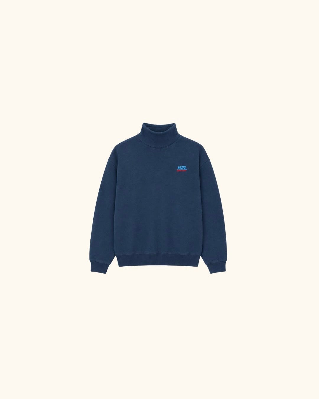 Navy blue mockneck sweatshirt with a small embroidered logo on the chest, casual and cozy style.
