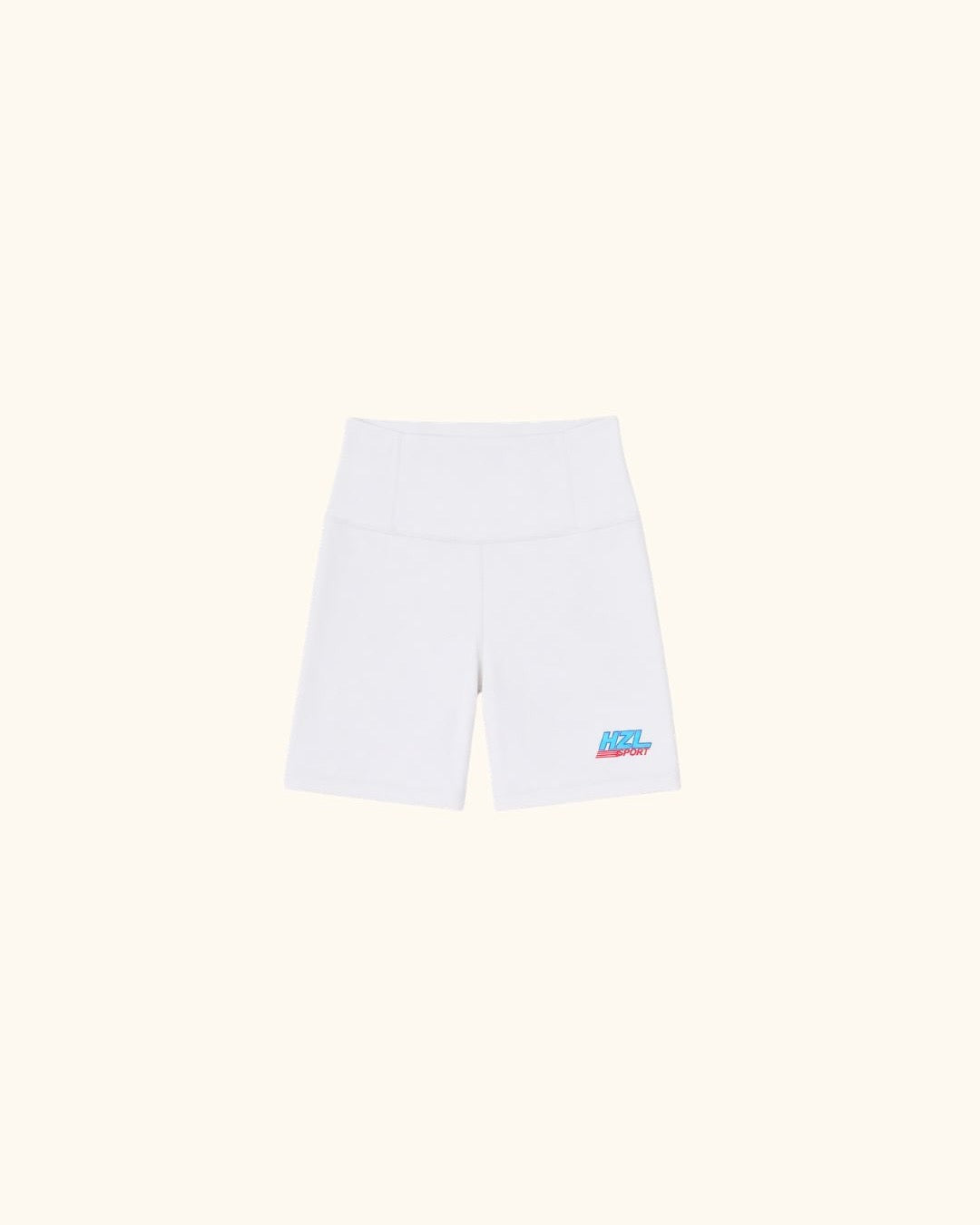 White sporty shorts with a high waistband and small colorful logo detail on the front leg