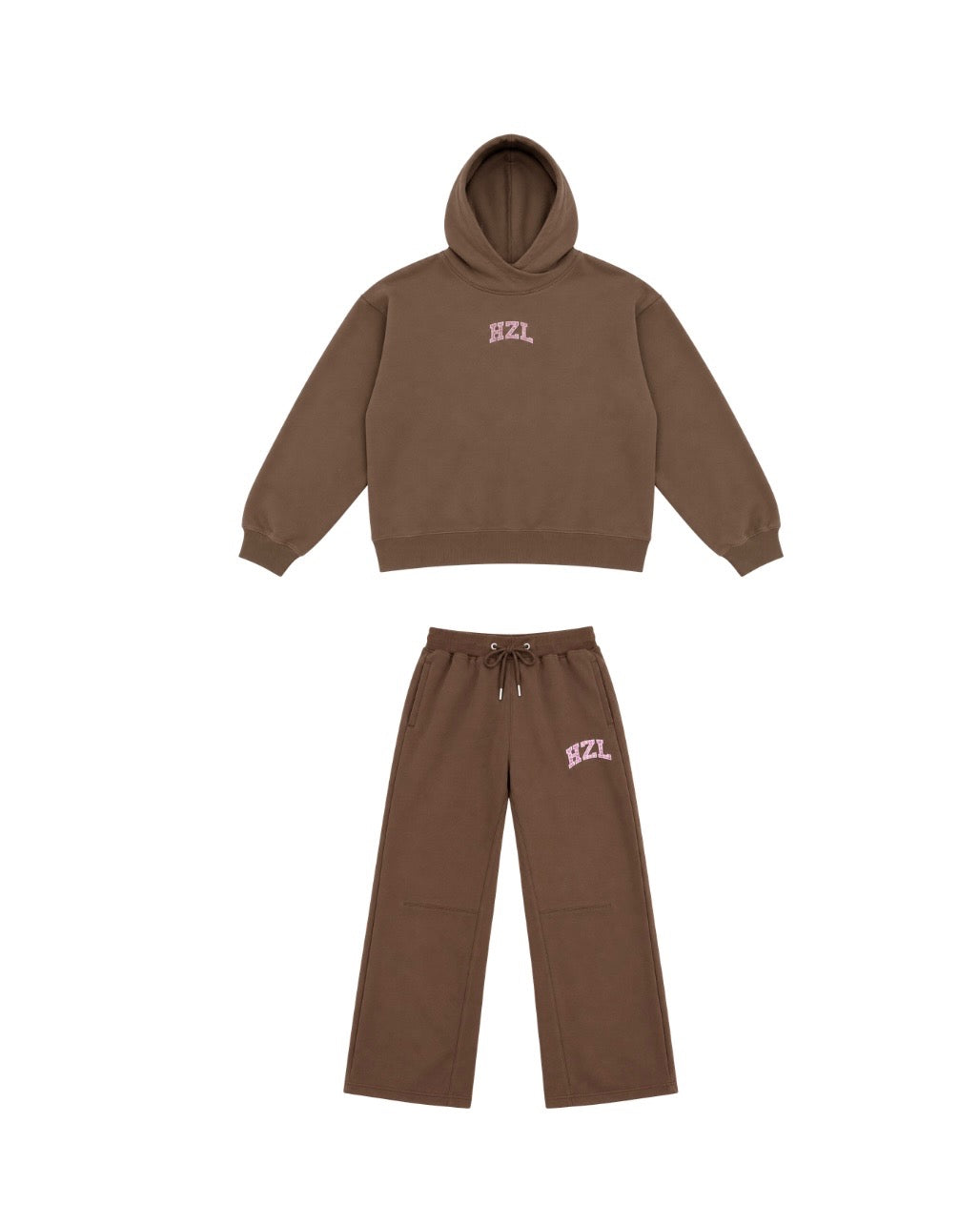 Brown HZL hoodie with matching wide leg pants displayed on a white background