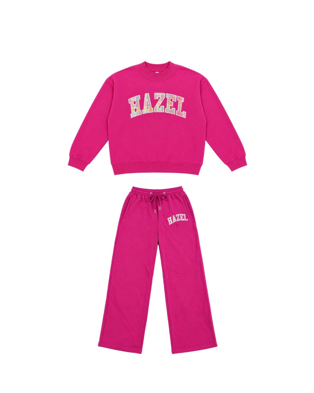 Pink HAZEL sweatshirt with matching sweatpants featuring a drawstring waist and wide legs