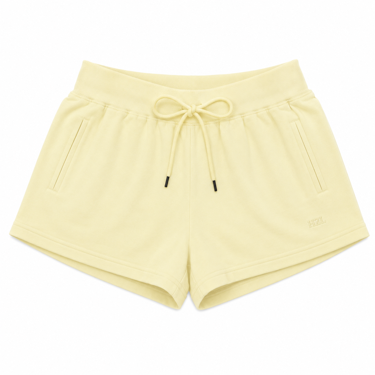 Soft yellow casual shorts with drawstring waist and side pockets, perfect for relaxed summer days.