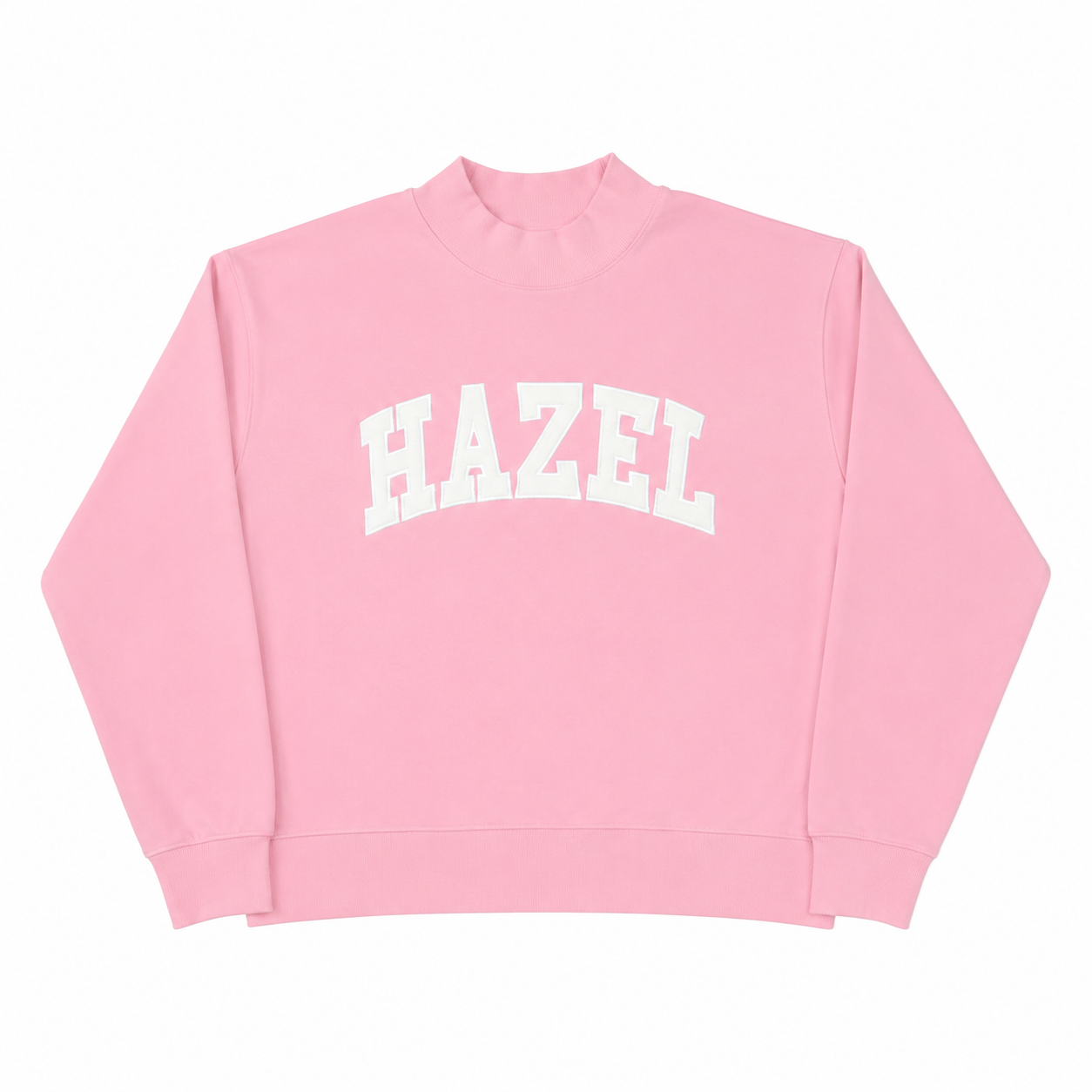 Pink mockneck sweatshirt with white "HAZEL" lettering across the chest, casual and comfortable style.
