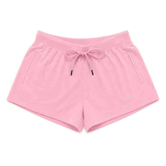 Soft pink casual shorts with drawstring waist and side pockets, perfect for relaxed weekend wear