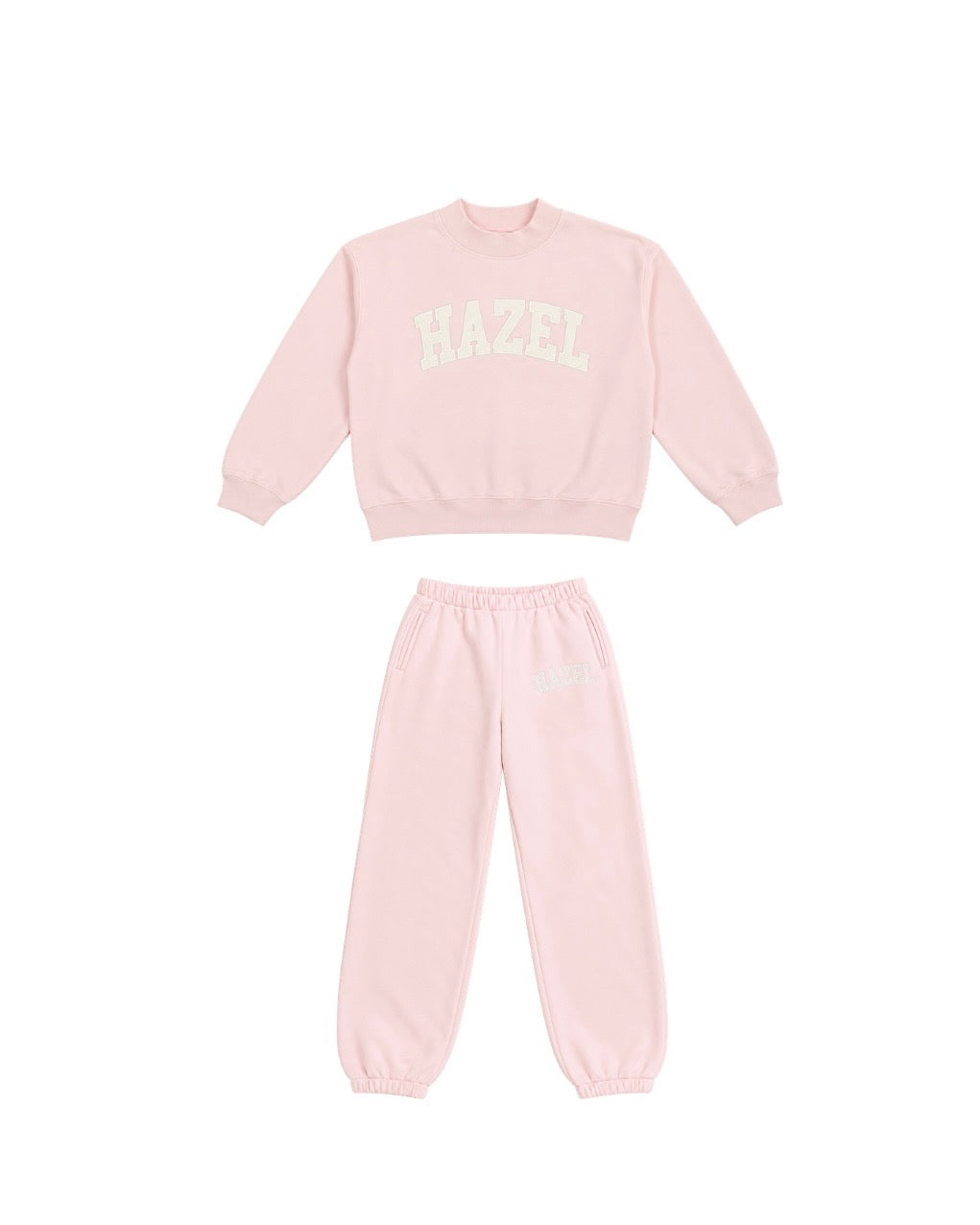 Pink HAZEL sweatshirt and matching joggers with elastic cuffs displayed on a white background