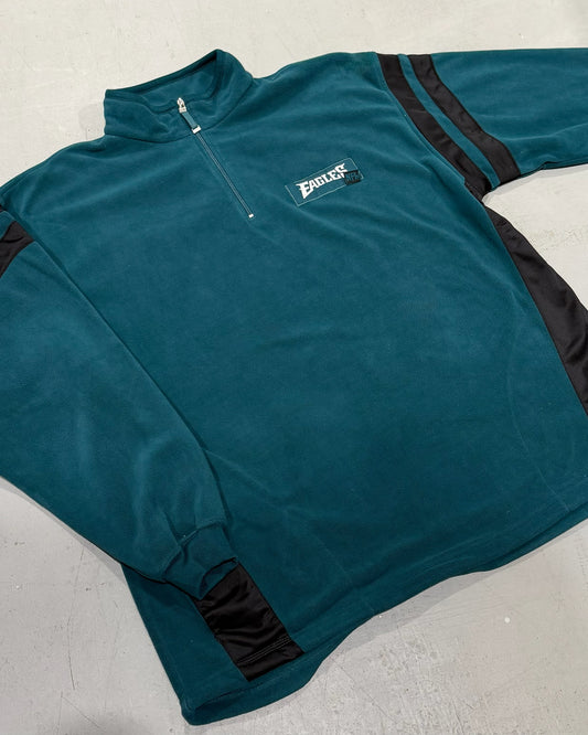 Teal vintage Eagles quarter zip fleece pullover with black sleeve stripes and side panels