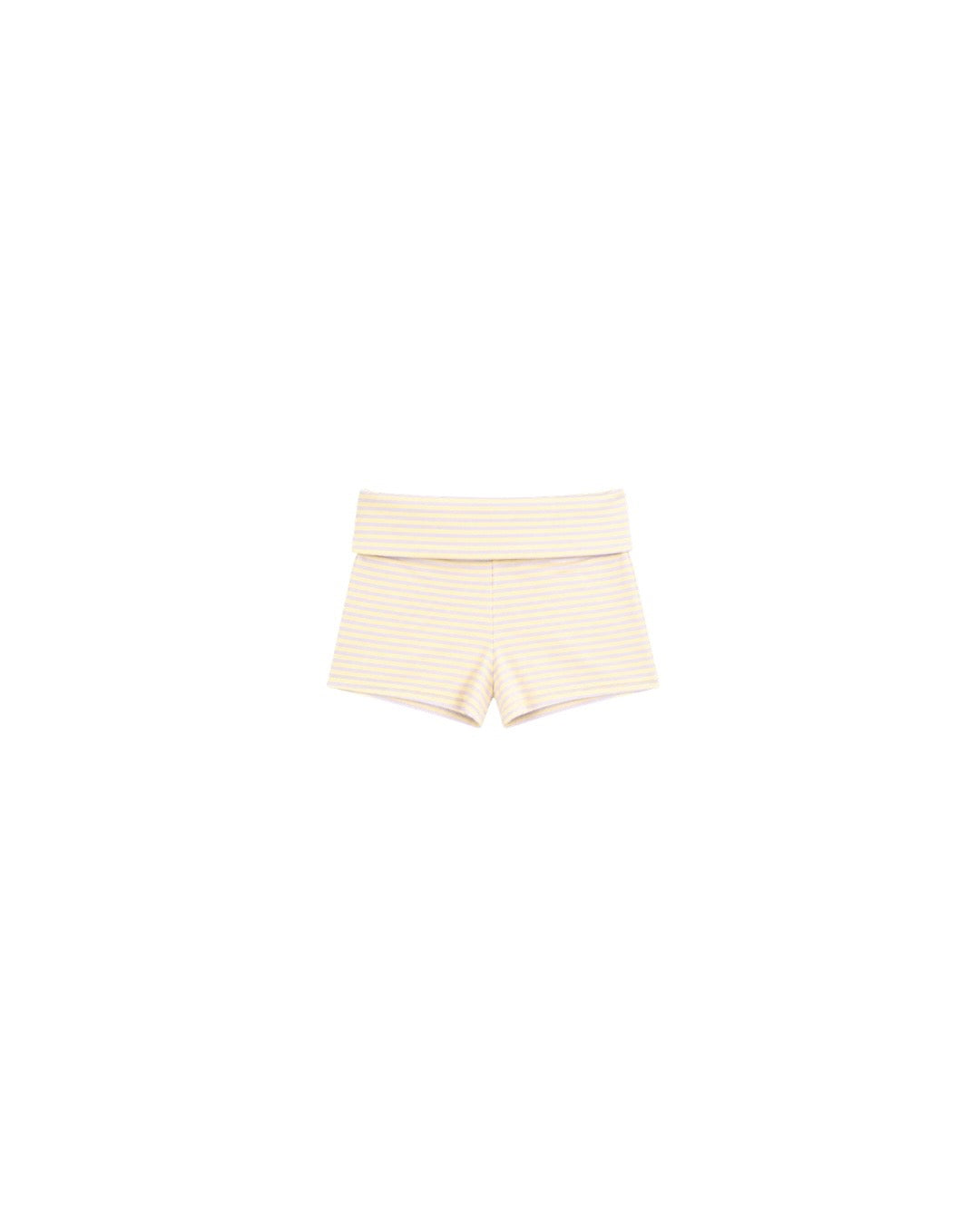 Light beige and white striped foldover waistband shorts laid flat on a white background