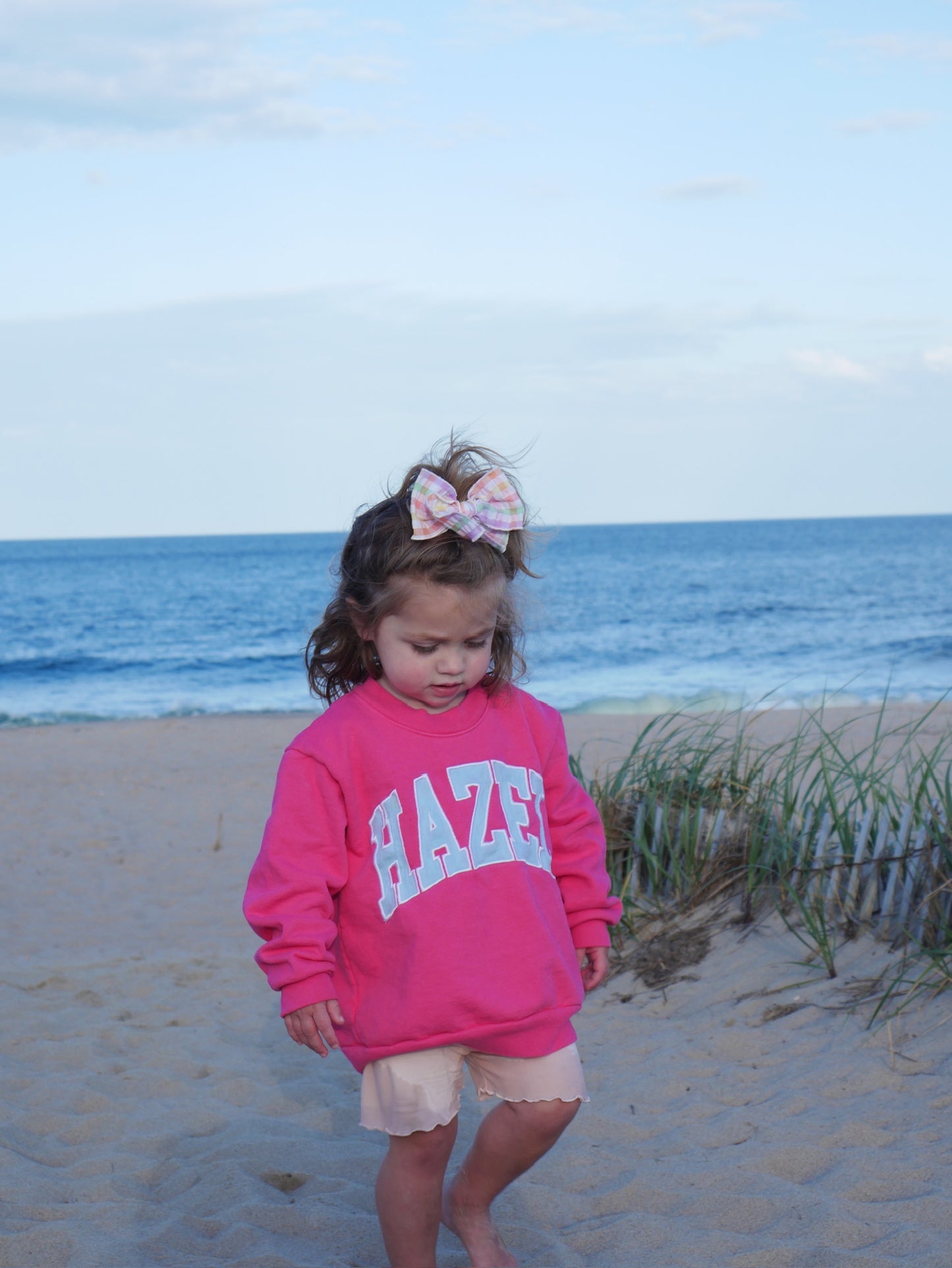Young child wearing a pink crewneck sweatshirt standing on a sandy beach near dune grass with ocean waves in the background.