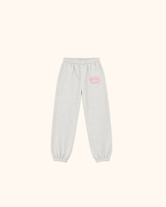 Light gray Pilates joggers with an elastic waistband cuffs and pink HZL logo