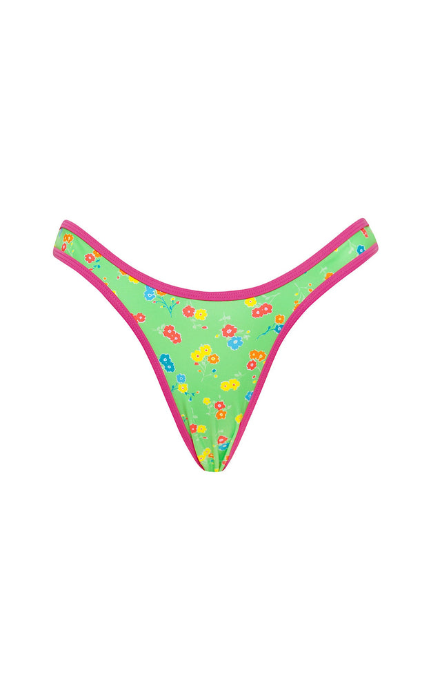 Farida Bikini Bottom // Green Floral With Pink Binding