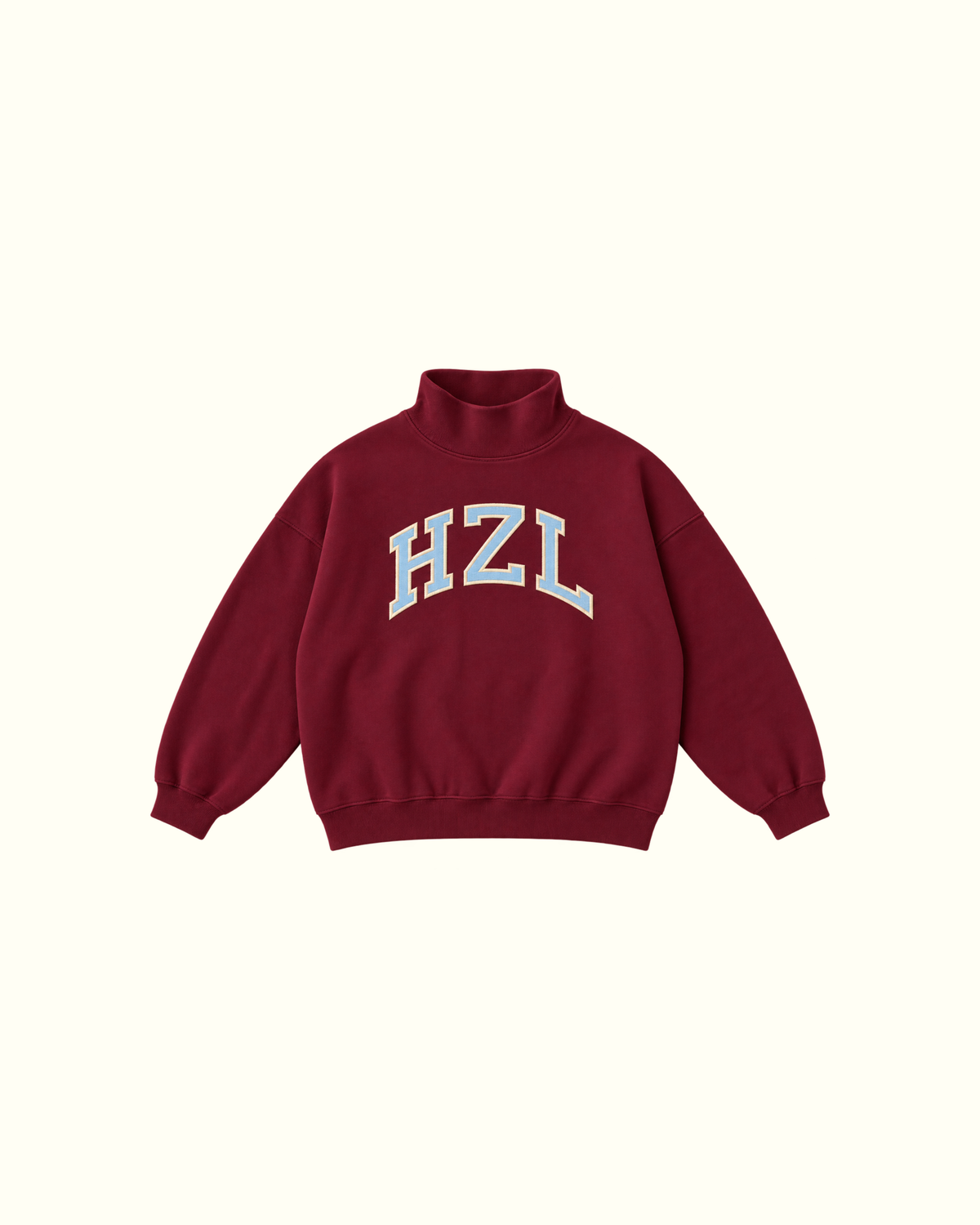 Burgundy HZL mockneck sweatshirt with long sleeves and ribbed cuffs