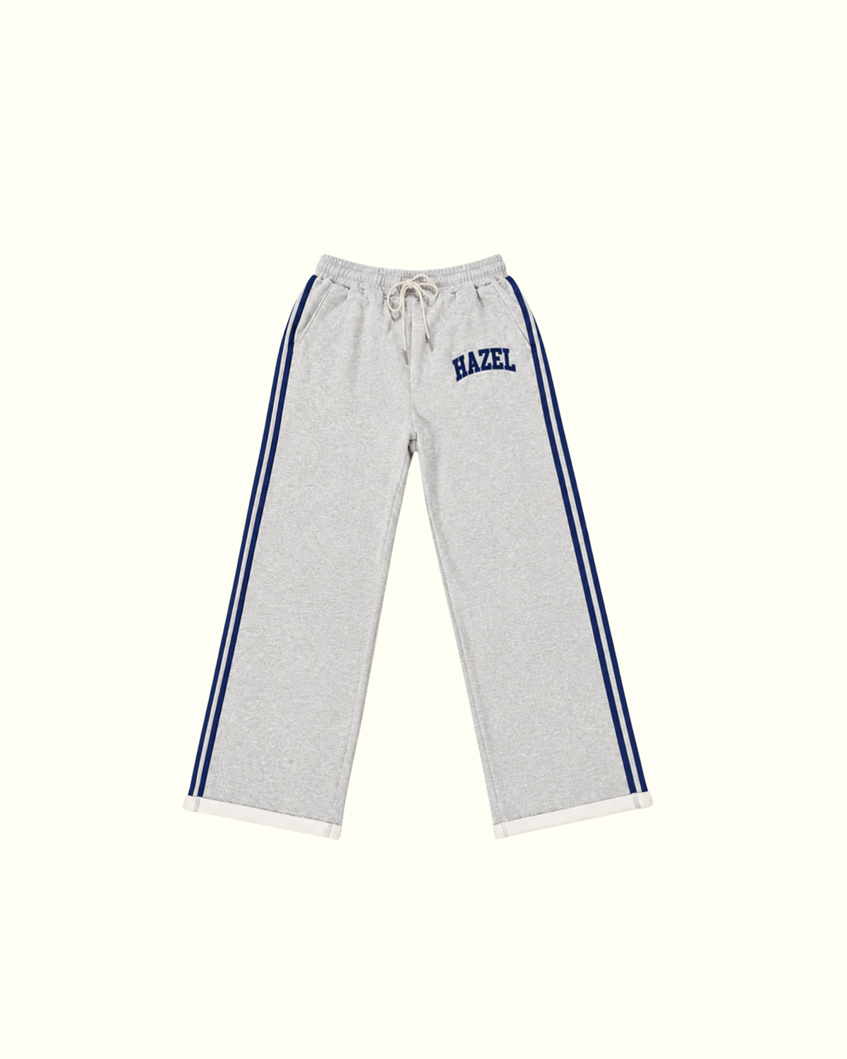 Gray sweatpants with navy side stripes drawstring waist rolled cuffs and Hazel logo