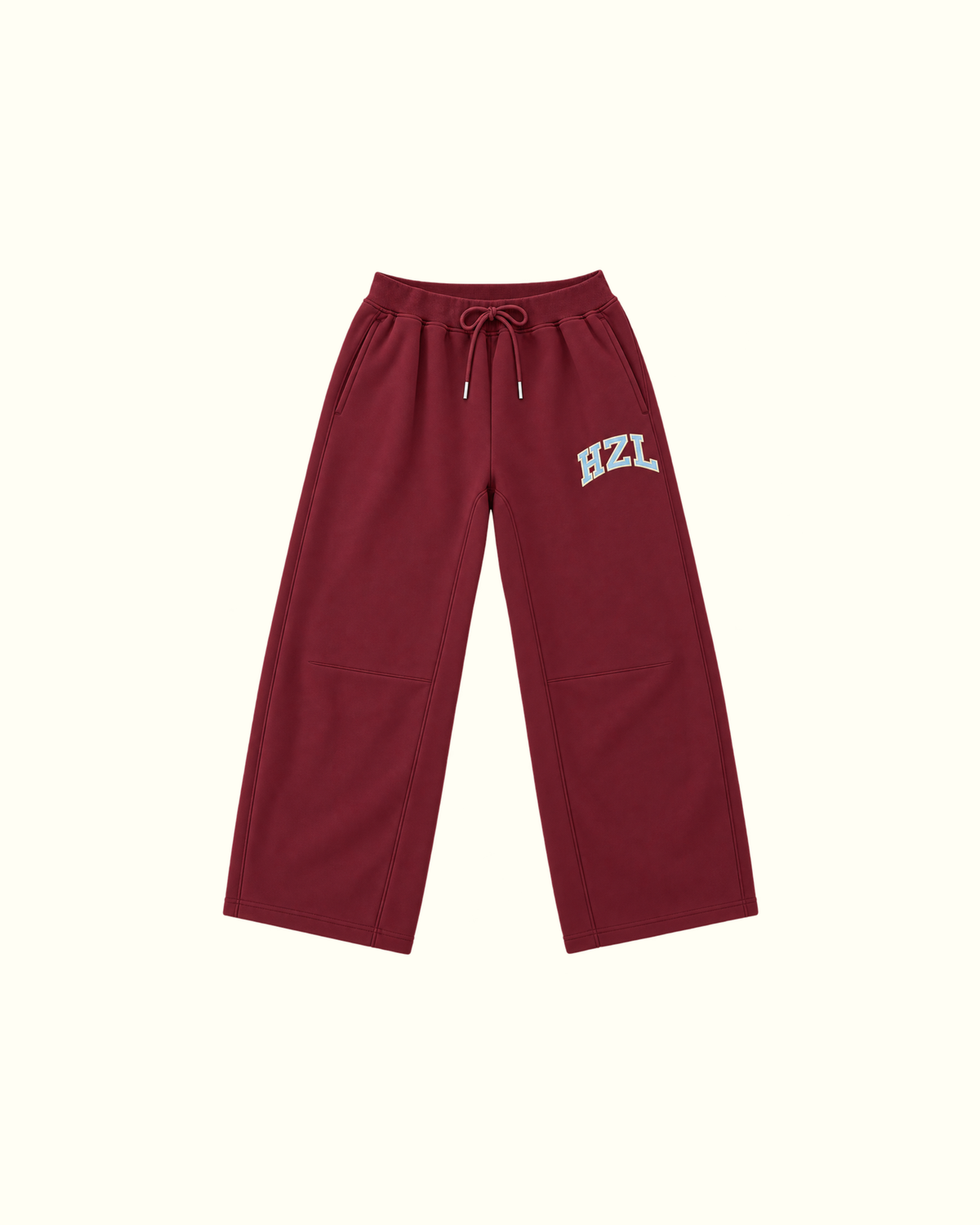 Burgundy barrel leg pants with drawstring waist and HZL logo
