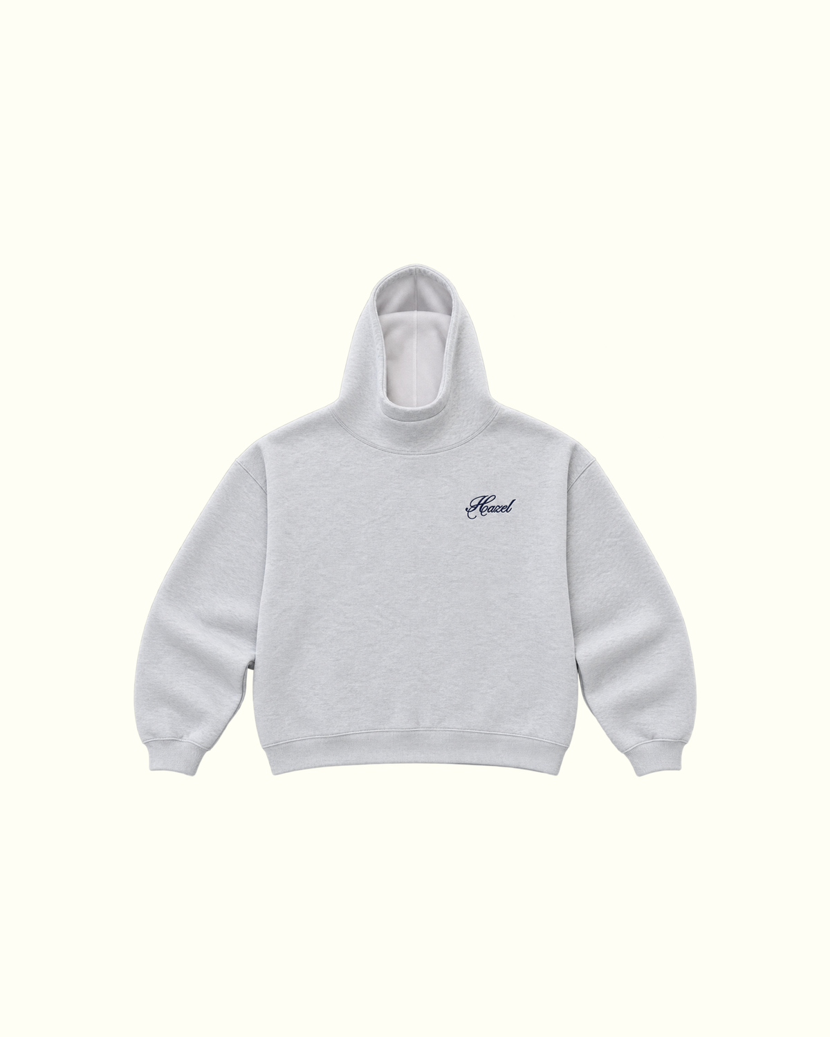 Light gray HZL mockneck hoodie with a small chest logo