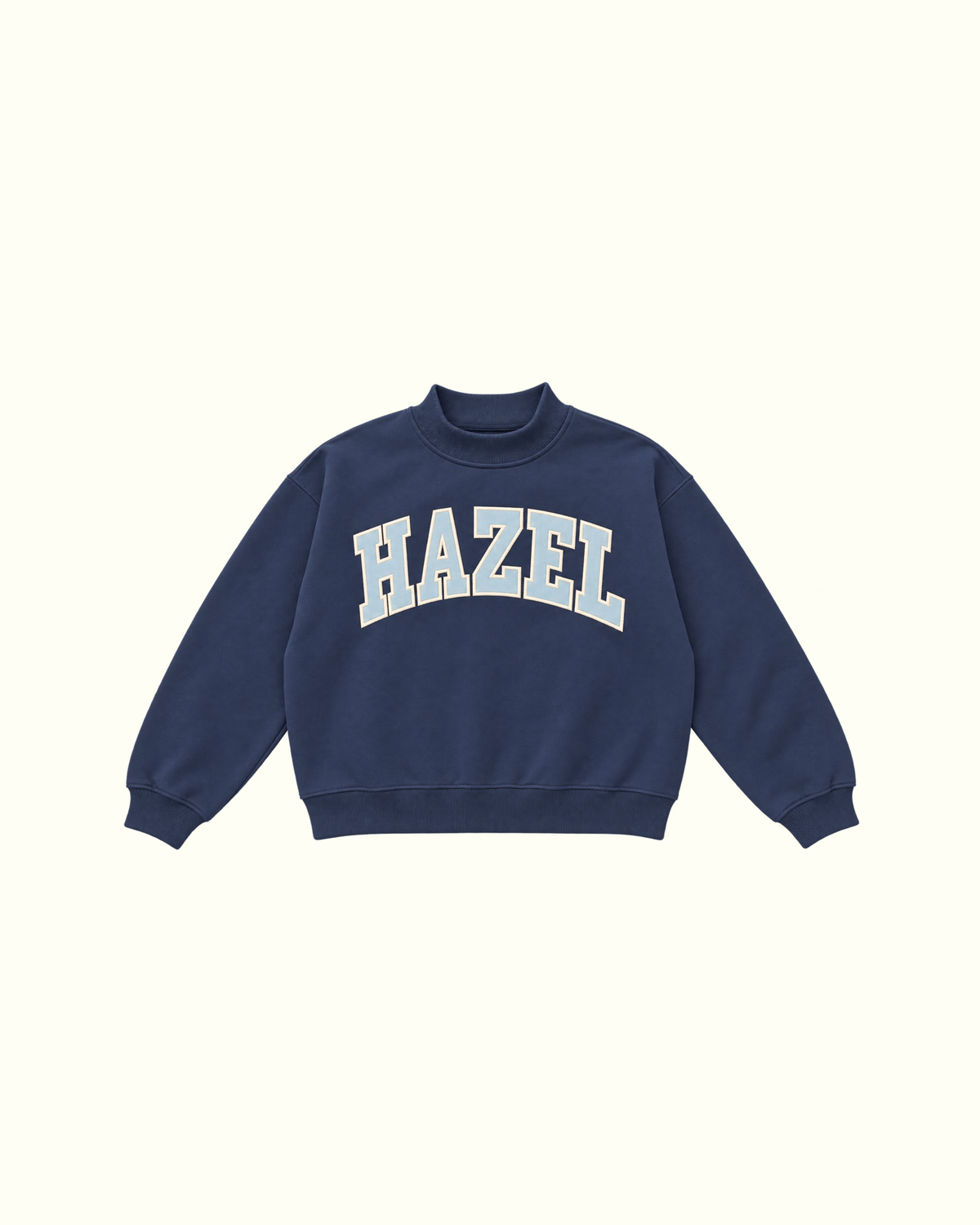 Navy HAZEL mockneck sweatshirt with long sleeves and ribbed trim